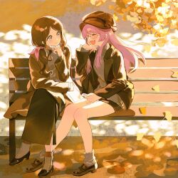 Rule 34 | 2girls, autumn leaves, bang dream!, bang dream! it&#039;s mygo!!!!!, bare legs, bench, black jacket, black skirt, blush, brown coat, brown hair, brown hat, brown shoes, chihaya anon, closed eyes, closed mouth, coat, commentary, earphones, fang, glasses, grey eyes, grey sweater, hair ribbon, hat, highres, jacket, leaf, long hair, looking at another, multiple girls, nagasaki soyo, on bench, open mouth, outdoors, park bench, pink hair, pink ribbon, ribbon, shared earphones, shoes, sitting, skirt, smile, socks, sweater, turtleneck, turtleneck sweater, white socks, yayako (804907150), yuri