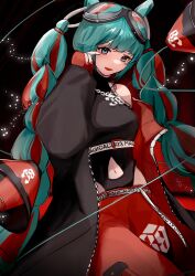 1girl 2023 absurdres aqua_eyes aqua_hair baggy_pants bare_shoulders black_background black_coat black_leotard blunt_bangs cable chain chain_necklace clothing_cutout coat commentary_request cowboy_shot goggles goggles_on_head gradient_background gushi_(pixiv_110264723) hair_extensions hair_horns halftone halftone_background happy hatsune_miku highres jewelry leotard light_particles long_hair long_sleeves magical_mirai_miku magical_mirai_miku_(2023) multi-tied_hair multicolored_hair nail_polish navel necklace open_clothes open_coat open_mouth pants puffy_long_sleeves puffy_sleeves red_background red_coat red_hair red_nails red_pants rubbing_eyes sleeves_past_wrists smile solo stomach_cutout streaked_hair twintails two-sided_coat two-sided_fabric very_long_hair vocaloid zipper