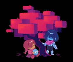 1girl 1other armor armored_boots black_background blue_hair blue_skin boots braid brown_hair brown_shoes closed_eyes colored_skin commentary crossover deltarune egg english_commentary gaida highres holding holding_egg kris_(dark_world)_(deltarune) kris_(deltarune) long_hair madotsuki open_mouth partially_shaded_face pink_scarf pink_sweater scarf shoes short_hair sitting skirt sweater tree twin_braids yellow_skin yume_nikki