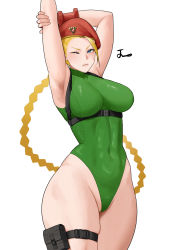 Rule 34 | 1girl, ahoge, armpits, beret, bikini, blonde hair, blue eyes, braid, breasts, cammy white, chest harness, commentary, covered abs, covered navel, crotch, curvy, gauntlets, green leotard, harness, hat, highleg, highleg leotard, highres, huge ahoge, impossible clothes, impossible leotard, large breasts, leotard, lips, noorung, one eye closed, pouch, scar, shiny skin, signature, skindentation, solo, street fighter, street fighter v, stretching, swimsuit, thick thighs, thigh pouch, thigh strap, thighs, thong, thong bikini, thong leotard, twin braids, white background, wide hips