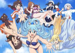 Rule 34 | 6+girls, ahoge, alternate costume, aqua (konosuba), armpits, ass, black hair, blonde hair, blue eyes, blue hair, blue sky, blush, breasts, brown hair, cat, chomusuke, chris (konosuba), cloud, cloudy sky, darkness (konosuba), day, falling, flat chest, floating hair, glasses, hair ornament, hanging breasts, highres, kono subarashii sekai ni shukufuku wo!, large breasts, long hair, looking back, maid, megumin, multiple girls, navel, one eye covered, open mouth, red eyes, scar, scar on face, sena (konosuba), short hair, shorts, skirt, sky, small breasts, smile, sportswear, swimsuit, wiz (konosuba), x hair ornament, yunyun (konosuba)