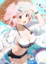 Rule 34 | 1girl, :d, absurdres, animal ears, arknights, arm up, bikini, black shorts, bloom, blush, braid, braided bangs, breasts, brown hat, cleavage, collarbone, commentary request, cowboy shot, day, eyewear on head, flower, food-themed hair ornament, goldenglow (arknights), goldenglow (summer flowers) (arknights), hair ornament, hat, highres, infection monitor (arknights), large breasts, looking ahead, navel, no nose, official alternate costume, open clothes, open mouth, open shirt, outdoors, partial commentary, pcaccount13, pink hair, round eyewear, shirt, short hair, short shorts, shorts, smile, solo, standing, straw hat, sunlight, swimsuit, wading, water, watermelon hair ornament, white bikini, white flower, white shirt, yellow eyes