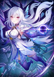 1girl agiri_(agiri_box) between_breasts black_hole breasts broken_glass closed_mouth commentary crossed_bangs crystal_shards diamond-shaped_pupils diamond_(shape) dress english_commentary floating floating_hair full_body genshin_impact glass hair_between_eyes hair_ornament halter_dress halterneck highres holding large_breasts light_particles long_hair looking_at_viewer night night_sky prosthesis prosthetic_arm prosthetic_leg red_eyes short_dress skirk_(genshin_impact) sky socks star_(sky) starry_sky symbol-shaped_pupils very_long_hair white_dress white_hair