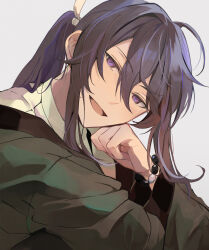 1boy :d ahoge arm_support bead_bracelet beads bishounen bracelet casual coat ensemble_stars! green_coat grey_background hair_between_eyes hair_intakes head_on_hand head_tilt high_collar highres jewelry kanzaki_souma kaoso light_blush long_hair long_sleeves looking_at_viewer male_focus motoyui open_mouth ponytail portrait purple_eyes purple_hair shirt sidelocks smile solo white_shirt