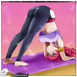 1girl absurdres ass ass_focus barefoot fairy_tail flatpancakesjim highres lipstick long_hair makeup pants pink_hair sherry_blendy simple_background sweat tight_clothes tight_pants upside-down workout_clothes yoga yoga_mat yoga_pants