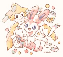 1other :3 :d animal_hands blue_eyes bow candy colored_skin floating food full_body gen_3_pokemon gen_6_pokemon highres jar jirachi konpeitou legendary_pokemon looking_at_another mofucoffee mythical_pokemon nintendo open_mouth other_focus pink_fur pokemon pokemon_(creature) simple_background sitting smile sylveon tanzaku two-tone_fur white_background white_fur white_skin