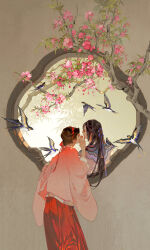 2girls aoqun architecture bird bird_request black_hair branch chinese_clothes east_asian_architecture flower hanfu highres ibuki_satsuki long_hair multiple_girls original plum_blossoms red_skirt skirt smile very_long_hair whispering_in_ear window yunjian yuri