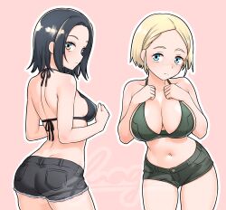 2girls absurdres ass back bikini bikini_top_only black_bikini black_hair black_shorts blue_eyes breasts commentary_request comoli_harcourt forehead furaggu_(frag_0416) gquuuuuux green_bikini green_shorts gundam gundam_gquuuuuux hands_on_own_chest hands_up highres large_breasts medium_breasts multiple_girls navel parted_bangs pink_background short_hair shorts standing stomach swimsuit thighs variant_set watermark