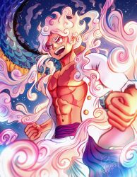 2boys abs chikariart cloud commentary cowboy_shot dragon english_commentary gear_fifth hagoromo hat highres kaidou_(one_piece) monkey_d._luffy multiple_boys one_piece pink_eyes purple_sash sash scar scar_on_chest scar_on_face shawl shirt short_hair straw_hat white_hair white_shirt