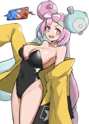 Rule 34 | 1girl, :d, absurdres, bare legs, bare shoulders, blue hair, blush, breasts, cellphone, cleavage, covered navel, floating, floating object, gen 4 pokemon, hair ornament, highres, iono (pokemon), jacket, large breasts, leotard, long hair, long sleeves, looking at viewer, multicolored hair, nintendo, off shoulder, open mouth, phone, pink eyes, pink hair, playboy bunny, pokemon, pokemon sv, rotom, rotom phone, sharp teeth, simple background, sleeves past wrists, smartphone, smile, solo, teeth, tsuneshima, two-tone hair, very long hair, white background