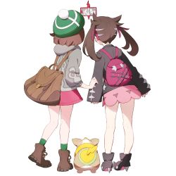 Rule 34 | 2girls, ankle boots, backpack, bag, bare legs, black footwear, black jacket, boots, brown footwear, brown hair, coat, commentary request, dog, from behind, full body, gen 4 pokemon, gen 8 pokemon, gloria (pokemon), green headwear, grey coat, hair ribbon, hat, high heel boots, high heels, holding, holding phone, hood, hood down, hooded coat, jacket, long hair, long sleeves, marnie (pokemon), multiple girls, nemoto yuuma, nintendo, phone, pink skirt, pokemon, pokemon (creature), pokemon swsh, purple ribbon, ribbon, rotom, rotom phone, selfie, simple background, skirt, sleeves past wrists, standing, tam o&#039; shanter, twintails, white background, yamper