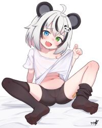 1girl absurdres ahoge animal_ears artist_name bike_shorts black_hair black_shorts black_thighhighs blue_eyes boppin character_request clothes_lift commentary english_commentary fang feet flat_chest full_body green_eyes grey_hair hair_ornament heterochromia highres indie_virtual_youtuber lifting_own_clothes loli looking_at_viewer multicolored_hair navel no_shoes open_mouth paid_reward_available panda_ears panda_girl panda_hair_ornament shirt shirt_lift short_shorts short_sleeves shorts signature skin_fang soles solo spread_legs spread_toes streaked_hair thighhighs thighhighs_pull tinypanda toes two-tone_hair virtual_youtuber white_shirt