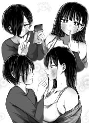 1boy 1girl ao_tanuki bare_shoulders blush boku_no_kokoro_no_yabai_yatsu breasts candy chocolate chocolate_bar cleavage closed_mouth collarbone dated dated_commentary finger_to_another&#039;s_mouth finger_to_mouth food food_on_hand from_side greyscale hair_over_one_eye hetero highres holding holding_food ichikawa_kyoutarou large_breasts long_hair long_sleeves looking_at_another looking_at_viewer mole mole_on_neck monochrome multiple_moles multiple_views off_shoulder profile ringed_eyes shirt short_hair simple_background sports_bra t-shirt twitter_username upper_body white_background wide-eyed yamada_anna