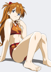 1girl arm_support ass bare_legs bare_shoulders barefoot bikini blue_eyes breasts brown_hair closed_mouth female_focus full_body hairpods interface_headset_(evangelion) jaaaan long_hair navel neon_genesis_evangelion orange_bikini simple_background small_breasts smile solo souryuu_asuka_langley swimsuit white_background wide_hips