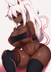 1girl absurdres animal_ears armband black_nails black_sclera breasts cat_ears cat_girl cat_tail choker cleavage coco_(bakeneko) colored_sclera commission covered_erect_nipples curvy dark-skinned_female dark_skin frown hair_between_eyes highres huge_breasts long_hair mole mole_on_breast mole_under_eye nail_polish original ponytail red_eyes solo sports_bikini standby stomach tail thick_thighs thighhighs thighs toned underboob very_long_hair white_hair