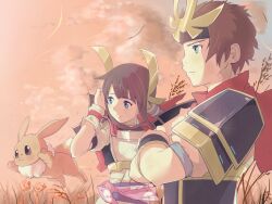 Rule 34 | armor, blue eyes, blunt bangs, brown hair, cape, cloud, cloudy sky, crossed arms, eevee, gen 1 pokemon, headdress, hero (pokemon conquest), heroine (pokemon conquest), japanese clothes, kimono, nintendo, obi, pokemon, pokemon conquest, ponytail, red cape, red scarf, samidare (hoshi), sash, scarf, sengoku musou, sky, wind