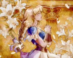 1girl abdoo armlet armor blonde_hair braid bug butterfly feathers flower green_eyes highres insect jewelry pillar praying shoulder_armor skirt solo sophitia_alexandra soul_calibur