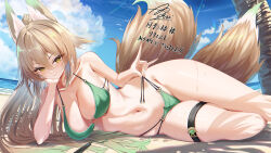 1girl absurdres animal_ear_fluff animal_ears beach bikini blue_sky breasts brown_hair cleavage cloud commission day green_bikini green_hair hair_between_eyes highres horizon long_hair lying medium_breasts multicolored_hair navel ocean on_side original outdoors palm_tree puripuri sidelocks skeb_commission sky solo swimsuit tail thigh_strap thighs tree two-tone_hair very_long_hair wet yellow_eyes