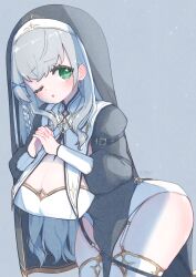 1girl ;o amari_(ama_shiiiiiiba) arched_back black_dress black_veil blush braid breast_curtains breasts cleavage cleavage_cutout clothing_cutout cowboy_shot dress garter_straps gold_trim green_eyes grey_background grey_hair guimpe highres hololive interlocked_fingers large_breasts leaning_forward long_dress long_sidelocks long_sleeves looking_at_viewer nun official_alternate_costume official_alternate_hairstyle one_eye_closed own_hands_clasped own_hands_together pelvic_curtain puffy_long_sleeves puffy_sleeves shirogane_noel shirogane_noel_(battle_nun) side_braid sidelocks simple_background single_braid solo straight_hair thighhighs veil virtual_youtuber white_garter_straps white_thighhighs