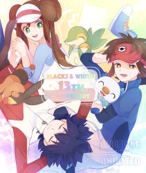 Rule 34 | 1girl, 2boys, absurdres, anniversary, arms behind head, black hair, blue jacket, bright pupils, brown hair, closed eyes, closed mouth, gen 5 pokemon, green eyes, highres, hugh (pokemon), jacket, long hair, multiple boys, nate (pokemon), nintendo, open mouth, oshawott, pokemon, pokemon (creature), pokemon bw2, rosa (pokemon), ryusa (gjgd7445), shirt, short hair, smile, snivy, starter pokemon trio, tepig, visor cap, watermark, zipper pull tab