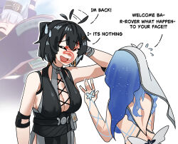 2girls ahoge ahoge_wag bare_shoulders black_dress black_hair blue_veil breasts cleavage closed_eyes colored_inner_hair commentary cross-laced_clothes cross-laced_dress dress elbow_pads english_commentary english_text expressive_hair female_rover_(wuthering_waves) flying_sweatdrops footprint_on_face game_screenshot_inset gold_ship_(umamusume) hair_ornament hairclip hands_up highres large_breasts leppib multicolored_hair multiple_girls open_mouth parallel_hairclips rover_(wuthering_waves) scratching_head shorekeeper_(wuthering_waves) sleeveless sleeveless_dress smile sweatdrop two-tone_veil umamusume veil white_veil worried wuthering_waves
