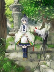 Rule 34 | 1girl, bird, blue boots, blue skirt, boots, chicken, frilled skirt, frills, grey eyes, grey hair, hands on lap, hat, highres, japanese clothes, kariginu, looking at another, looking to the side, medium hair, mononobe no futo, onagadori, outdoors, pleated skirt, pom pom (clothes), ponytail, ribbon-trimmed sleeves, ribbon trim, ritsuzou, rooster, side ponytail, sidelocks, sitting, sitting on stairs, skirt, stairs, stone lantern, tassel, tate eboshi, touhou, tree, turtleneck, wide sleeves