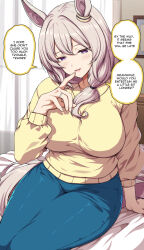 1girl animal_ears breasts ear_ornament english_text finger_to_mouth grey_hair hair_between_eyes hair_over_shoulder highres horse_ears horse_girl jewelry large_breasts long_hair long_sleeves looking_at_viewer mature_female oguri_cap&#039;s_mother_(umamusume) purple_eyes ring sheita sitting skirt solo sweater umamusume umamusume:_cinderella_gray yellow_sweater