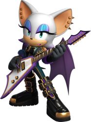 1girl 3d alternate_costume bat_wings boots ear_piercing eyeshadow female_focus full_body furry furry_female gloves green_eyes guitar instrument lipstick looking_at_viewer makeup official_alternate_costume official_art piercing rouge_the_bat solo sonic_(series) tail white_hair wings