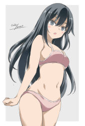 Rule 34 | 1girl, alternate costume, artist name, asashio (kancolle), black hair, blue eyes, blush, bra, breasts, cowboy shot, dated, gakky, grey background, highres, kantai collection, long hair, looking at viewer, nakigara gakkyuu, one-hour drawing challenge, open mouth, panties, pink bra, pink panties, small breasts, solo, underwear, white background