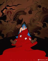 Rule 34 | 1boy, absurdres, blue hair, brown shoes, buggy the clown, clown nose, hair over one eye, highres, long hair, long sleeves, male focus, one piece, pectorals, red robe, robe, shanks (one piece), shoes, signature, sitting, socks, solo, striped clothes, striped socks, vamos mk, very long hair, waves