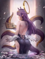 1girl ass back back_focus backless_dress backless_outfit book dress from_behind gradient_hair halo highres hololive hololive_english jammeryx looking_back low_wings multicolored_hair ninomae_ina&#039;nis ninomae_ina&#039;nis_(1st_costume) orange_hair pointy_ears purple_hair signature solo tentacle_hair tentacles virtual_youtuber wading watermark web_address wings