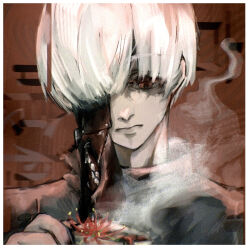 Rule 34 | 1boy, black mask, black shirt, border, closed mouth, commentary request, cup, flower, flower request, highres, holding, holding cup, hugudoku415, kaneki ken, leather mask, long bangs, looking down, male focus, nose, pale skin, red background, red eyes, red flower, shirt, short hair, solo, steam, teeth, tokyo ghoul, translation request, turtleneck, white border, white hair