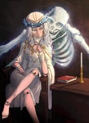 1girl barefoot blue_eyes book commentary crossed_legs doll_joints elden_ring elden_ring_nightreign english_commentary haonfest head_wreath highres joints long_hair revenant_(elden_ring) sitting skeleton solo wavy_hair white_hair