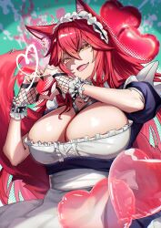 1girl animal_ears apron balloon black_dress black_nails breasts cat_ears cat_girl cat_tail cleavage dress fang fishnet_gloves fishnets gloves heart heart_balloon heart_hands highres large_breasts long_hair looking_at_viewer maid maid_apron nail_polish red_hair skin_fang smile solo tail umiya_(umiya_illuillu) very_long_hair virtual_youtuber vshojo white_apron yellow_eyes zentreya