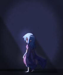 1girl bandaged_arm bandages barefoot child commentary dark demon_tail demon_wings dress english_commentary frilled_dress frills full_body grey_hair highres long_hair looking_back moonlight original pointy_ears red_eyes solo tail torn_wings wings yogurtm