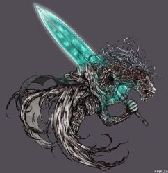amputee bloodborne cape exposed_muscle extra_eyes extra_teeth ginseng_(xin) glowing glowing_sword glowing_weapon grey_background highres holding holding_sword holding_weapon horror_(theme) ludwig_the_accursed mane missing_limb moonlight_greatsword simple_background snout sword teeth torn_clothes twitter_username weapon