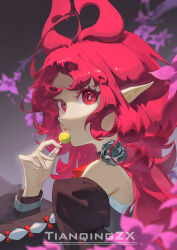 Rule 34 | 1girl, absurdres, arknights, artist name, bare shoulders, black shirt, candy, chinese commentary, closed mouth, commentary request, diamond-shaped pupils, diamond (shape), flower, food, grey pupils, highres, holding, holding candy, holding food, holding lollipop, lollipop, long hair, long sleeves, looking at viewer, nymph (arknights), pink flower, pointy ears, red eyes, red hair, shirt, solo, symbol-shaped pupils, tianqing zhaoxue, upper body