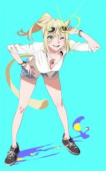 1girl ;d adjusting_eyewear animal_ears bare_legs bent_over black_shoes blonde_hair blue_background blue_shorts borrowed_character bracelet breasts cat_ears cat_girl cat_tail cleavage commission denim denim_shorts eyewear_on_head facial_mark full_body green_eyes hand_on_own_hip hand_up happy henken highres jewelry leaning_forward looking_ahead medium_breasts nail_polish necklace one_eye_closed open_mouth original pendant ponytail red_nails second-party_source shirt shoes short_shorts shorts sidelocks simple_background skeb_commission slit_pupils smile sneakers solo standing sunglasses swept_bangs tail teeth three-quarter_sleeves upper_teeth_only whisker_markings white-framed_eyewear white_shirt yellow_tail
