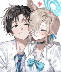Rule 34 | 1boy, 1girl, animal ears, asuna (blue archive), asuna (school uniform) (blue archive), black choker, black eyes, black hair, blonde hair, blue archive, blue archive the animation, blue bow, blue bowtie, blue halo, blue necktie, blush, bow, bowtie, breasts, choker, closed eyes, collared shirt, commentary, couple, dog ears, extra ears, hair over one eye, halo, haze (ohw8g), heart, hetero, highres, kemonomimi mode, large breasts, long hair, necktie, open mouth, school uniform, sensei (blue archive), sensei (blue archive the animation), shirt, short hair, signature, simple background, smile, white background, white shirt