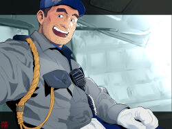 1boy beard_stubble blue_hat brown_eyes brown_hair bunta_ru facial_hair gloves grey_shirt hat indoors looking_at_viewer mole original pocket rope security_guard shirt short_hair solo stubble thick_eyebrows upper_body walkie-talkie white_gloves