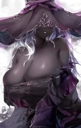 1girl bare_shoulders black_skin breasts colored_skin commentary dark-skinned_female dark_skin elden_ring elden_ring_nightreign english_commentary hat hat_over_eyes highres huge_breasts korusakku long_hair long_sleeves purple_hat recluse_(elden_ring) simple_background smile solo very_dark_skin white_hair witch witch_hat