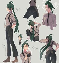 1girl absurdres ahoge androgynous arm_behind_head ass asymmetrical_bangs awapontasu black_gloves black_necktie black_pants bright_pupils chibi chibi_inset cigarette collared_shirt cup drinking_straw ear_piercing earrings from_below gloves green_hair hand_on_own_hip hands_in_pockets highres holding holding_cup jewelry long_hair low_ponytail lower_body multiple_views necktie nintendo pants piercing pokemon pokemon_sv ponytail red_eyes reverse_trap rika_(pokemon) shirt solo suspenders triangle_earrings white_pupils