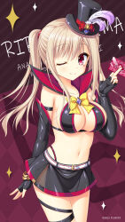1girl ;) ambitious_mission arise_kaguya arise_kaguya_(cosplay) arm_strap armpit_crease bangle bare_shoulders belt bikini bikini_top_only black_bikini black_gloves black_skirt blush bow bowtie bracelet breasts brown_hair card character_name cleavage closed_mouth collarbone company_connection company_name cosplay cowboy_shot detached_collar elbow_gloves facial_mark fingerless_gloves gloves hat high_collar highleg highres holding jewelry kakenuke_seishun_sparking! kashima_riri large_breasts long_hair looking_at_viewer miniskirt navel official_art official_wallpaper one_eye_closed phantom_thief red_eyes revealing_clothes romaji_text saga_planets see-through_clothes skirt smile solo sparkle standing stomach string_bikini swimsuit thigh_strap thighs top_hat toranosuke twintails
