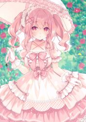 1girl blush bow breasts criss-cross_straps dress flower gloves hair_between_eyes hair_ornament highres holding holding_umbrella large_breasts long_hair looking_at_viewer original parasol pink_bow pink_dress pink_eyes pink_hair purinpurin ribbon solo umbrella white_gloves