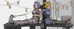 2girls absurdres arms_behind_back bdsm black_pantyhose blue_dress blush bondage bound bound_arms bound_legs breasts brown_eyes crotch_rope cum cum_on_body dress facial flower gdhs green_eyes hair_flower hair_ornament highres konan_(naruto) looking_at_viewer medium_breasts multiple_girls naruto_(series) ninja open_mouth pantyhose piercing purple_hair restrained shibari shibari_over_clothes skindentation soles temari_(naruto) tongue tongue_out tongue_piercing torture