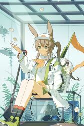 Rule 34 | 1girl, absurdres, amiya (arknights), animal ears, aqua eyes, arknights, arm up, backpack, bag, black socks, brown hair, chinese commentary, closed mouth, commentary request, dot nose, flower, full body, green shoes, hat, highres, jacket, kneehighs, long hair, long sleeves, loning (loning19920894), open clothes, open jacket, peaked cap, plant, ponytail, shirt, shoes, sitting, smile, sneakers, socks, solo, stuffed animal, stuffed toy, turtleneck, turtleneck shirt, white flower, white hat, white jacket, white shirt