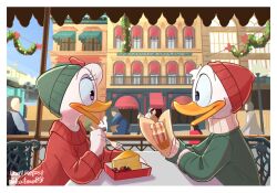 1boy 1girl blue_eyes daisy_duck disney donald_duck duck_boy duck_girl food fork happy hat open_mouth purple_eyes shirt smile table takatmaorange upper_body