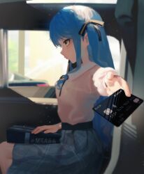 1girl absurdres bang_dream! bang_dream!_it&#039;s_mygo!!!!! black_ribbon blue_hair blush brown_shirt commentary credit_card grey_skirt hair_ribbon highres long_sleeves plaid_clothes plaid_skirt ribbon shirt sidelocks sitting skirt sklt_(swyt8223) solo togawa_sakiko vehicle_interior yellow_eyes