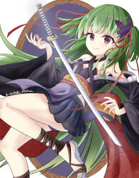 Rule 34 | 1girl, absurdres, back bow, bare shoulders, black kimono, black panties, black skirt, blunt bangs, blush, bow, breasts, brown sandals, butterfly hair ornament, cameltoe, chinese commentary, closed mouth, commentary request, criss-cross halter, dutch angle, eyebrows hidden by hair, floating hair, foot out of frame, green hair, hair ornament, hair ribbon, halterneck, hands up, highres, hime cut, huge bow, japanese clothes, katana, kimono, knee up, lai yifen shatang, long hair, long ribbon, long sleeves, looking at viewer, miniskirt, murasame (senren), panties, partial commentary, pleated skirt, pom pom (clothes), red bow, red eyes, red ribbon, red sash, ribbon, sandals, sash, senren banka, sidelocks, signature, simple background, skirt, small breasts, smile, solo, split mouth, sword, thighs, toes, two side up, underwear, very long hair, weapon, white background, wide sleeves