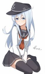 1girl anchor_symbol aticsanir between_legs black_sailor_collar blue_eyes blush commentary flat_cap grey_hair hair_between_eyes hand_between_legs hat hibiki_(kancolle) highres kantai_collection long_hair long_sleeves looking_at_viewer neckerchief pleated_skirt red_neckerchief sailor_collar school_uniform serafuku sitting skirt smile solo thighhighs twitter_username white_background